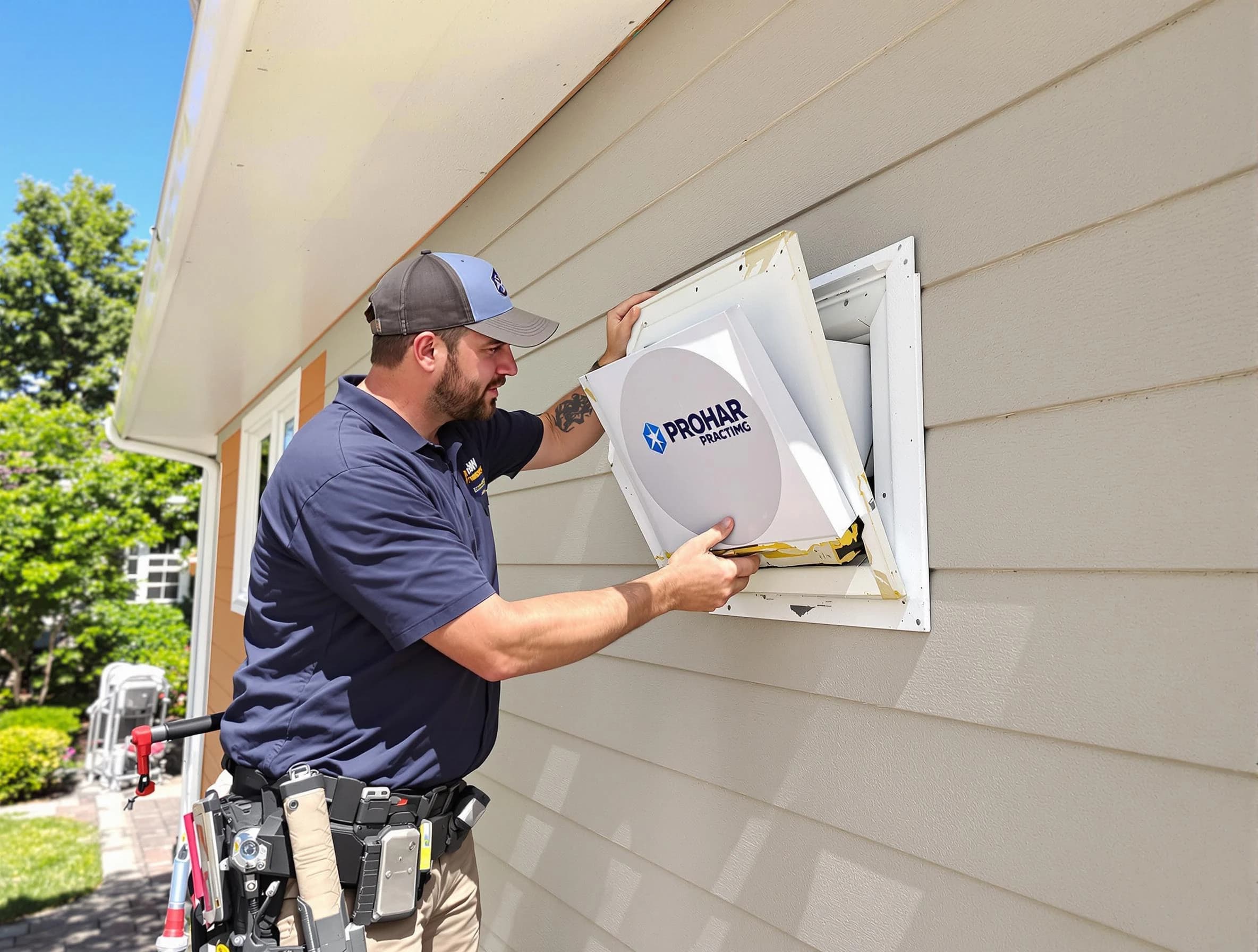 Atlanta Dryer Vent Cleaning technician installing a new protective dryer vent cover on a home in Atlanta