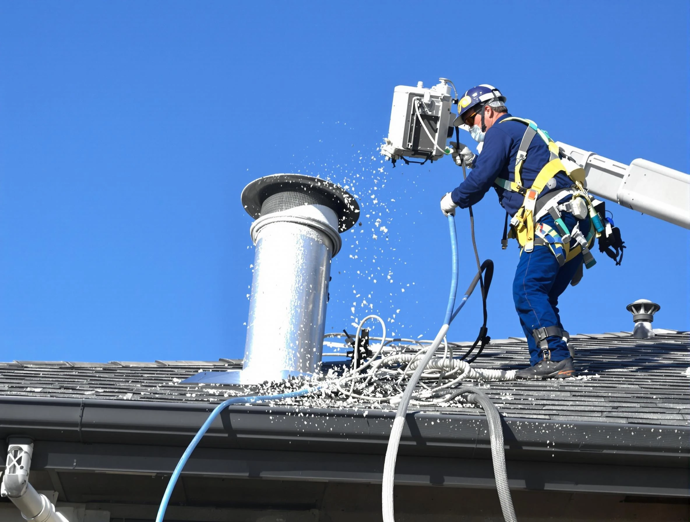 Atlanta Dryer Vent Cleaning certified technician safely cleaning a roof-mounted dryer vent in Atlanta