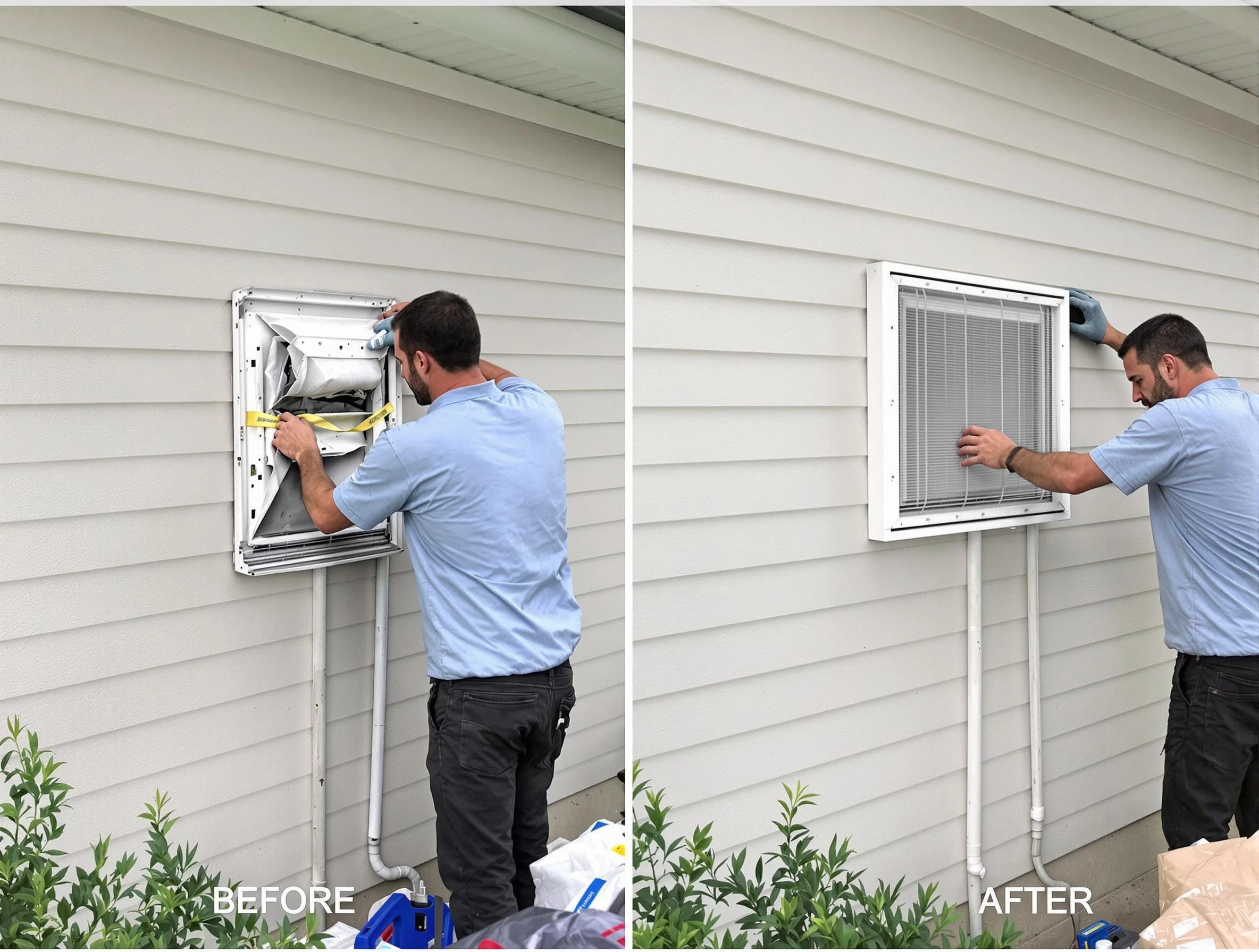 Atlanta Dryer Vent Cleaning technician installing high-quality dryer vent cover at a residential property in Atlanta